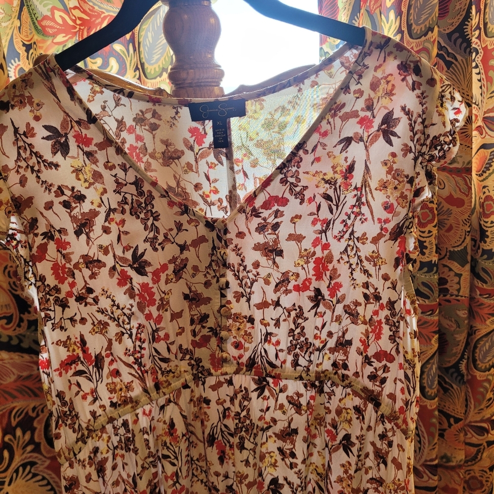 Jessica Simpson Floral Maxi Dress in Ivory with Red, Yellow, Brown  XL